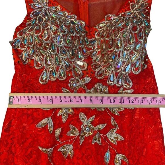 Vintage Elegant Red and Gold Lace Embroidered Peacock Lace Maxi Dress - Picture 8 of 15